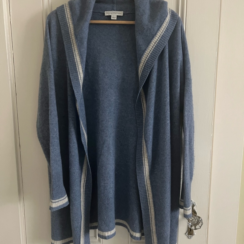 White + Warren denim blue hooded cardigan